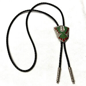 Peyote Bird Bolo Tie Thunderbird Silver Tone Turquoise & Coral Inlay Black Cord